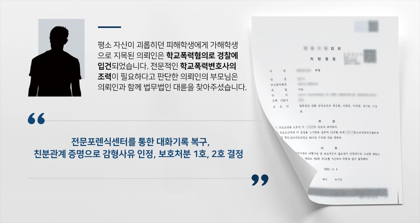 [학교폭력 1·2호처분] 학교폭력소송에 휘말린 의뢰인, 전문변호사와 함께 학교폭력대응